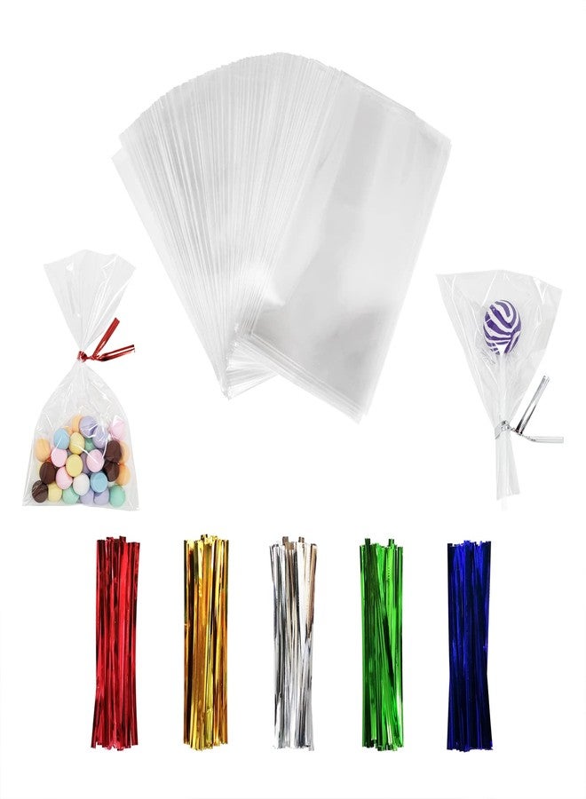 XLSFPY 100PCS Cellophane Bags 3x5 inches, Clear Treat Bags with 4’’ Twist Ties, Plastic Cello Bags - 1.4 mils Thick OPP Rice Crispy Bags for Gift Goodie Favor Candy Cake Pop Birthday Party Cookies (3’’ x 5’’) - Image 1